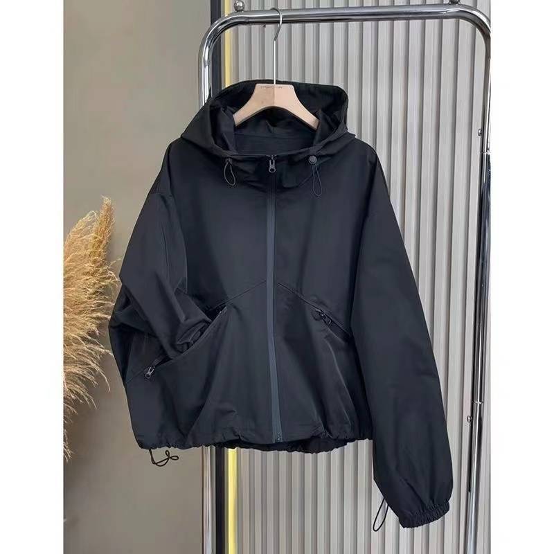 Women's Casual High-end Tops Black Hooded Windbreaker Jacket Coat Female Fashion