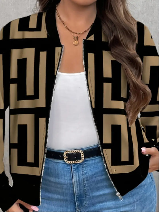 Full Print Zip-Up Casual Long Sleeve Jacket