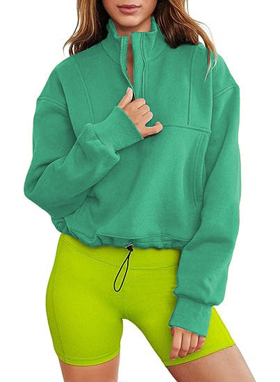 Women's Fashion Casual Stand Collar Half Zip Drawstring At Hem Brushed Hoody