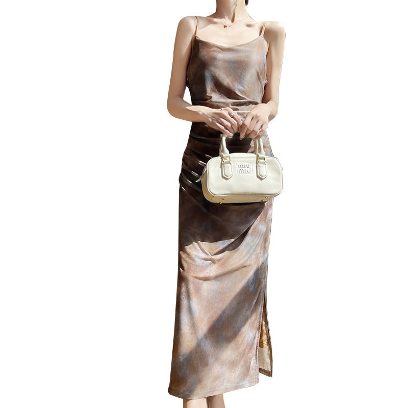 Mesh Off-neck Sling Dress Women's Side Slit