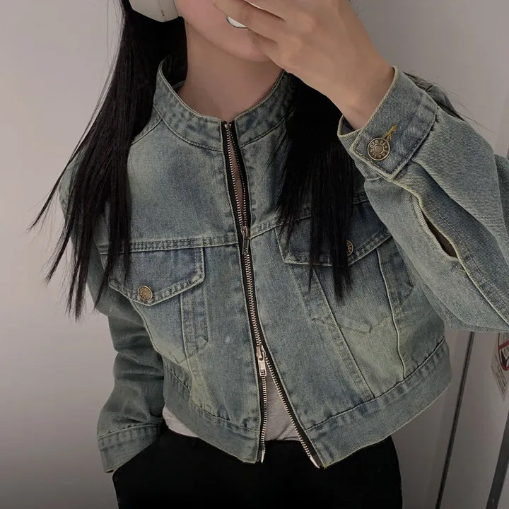 Stand Collar Double Pocket Design Loose All-matching Short Long Sleeve Denim Coat