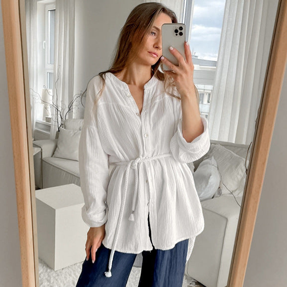 White Cotton Bubble Crepe Belt Small Stand Collar Shirt