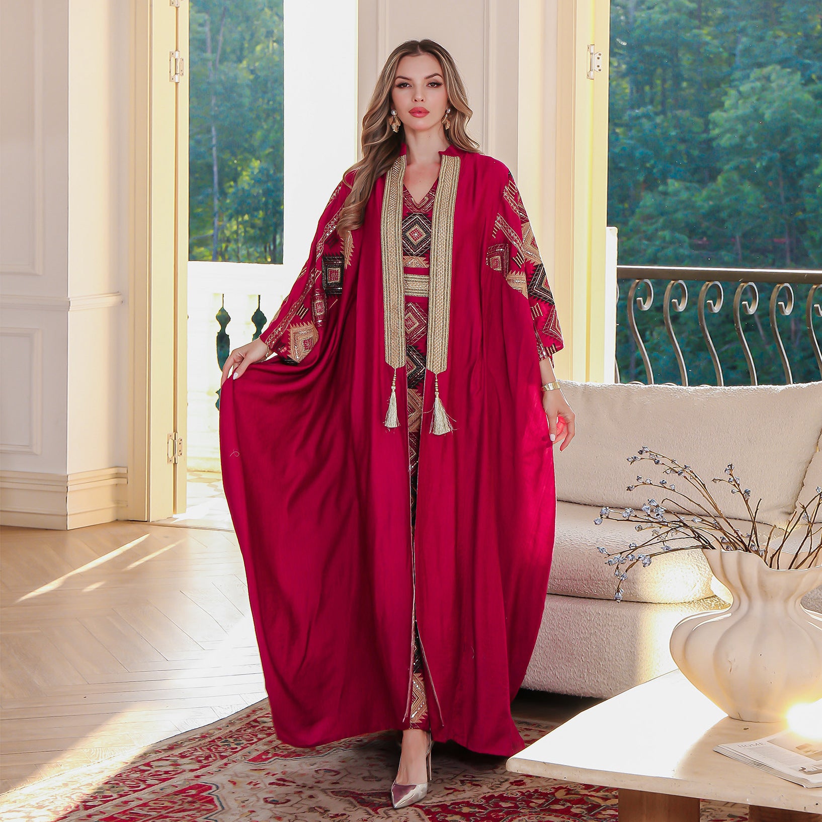Middle East Muslim Embroidered Robe Abaya Light Luxury Evening Gown Two-piece Set Dress