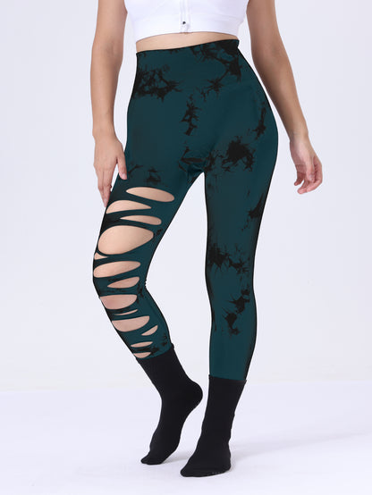 7 Pack Wholesale Fashion Women Sports Yoga High Waist Tie Dye Print Ripped Hollow Leggings Pants