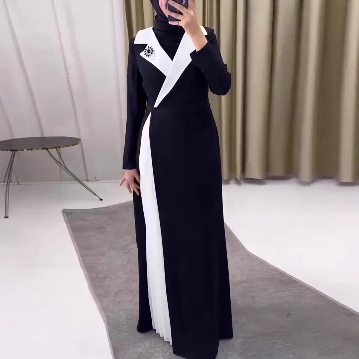 Women Fashion Color Contrast Stitching Pleated Dubai Robe Dress Female