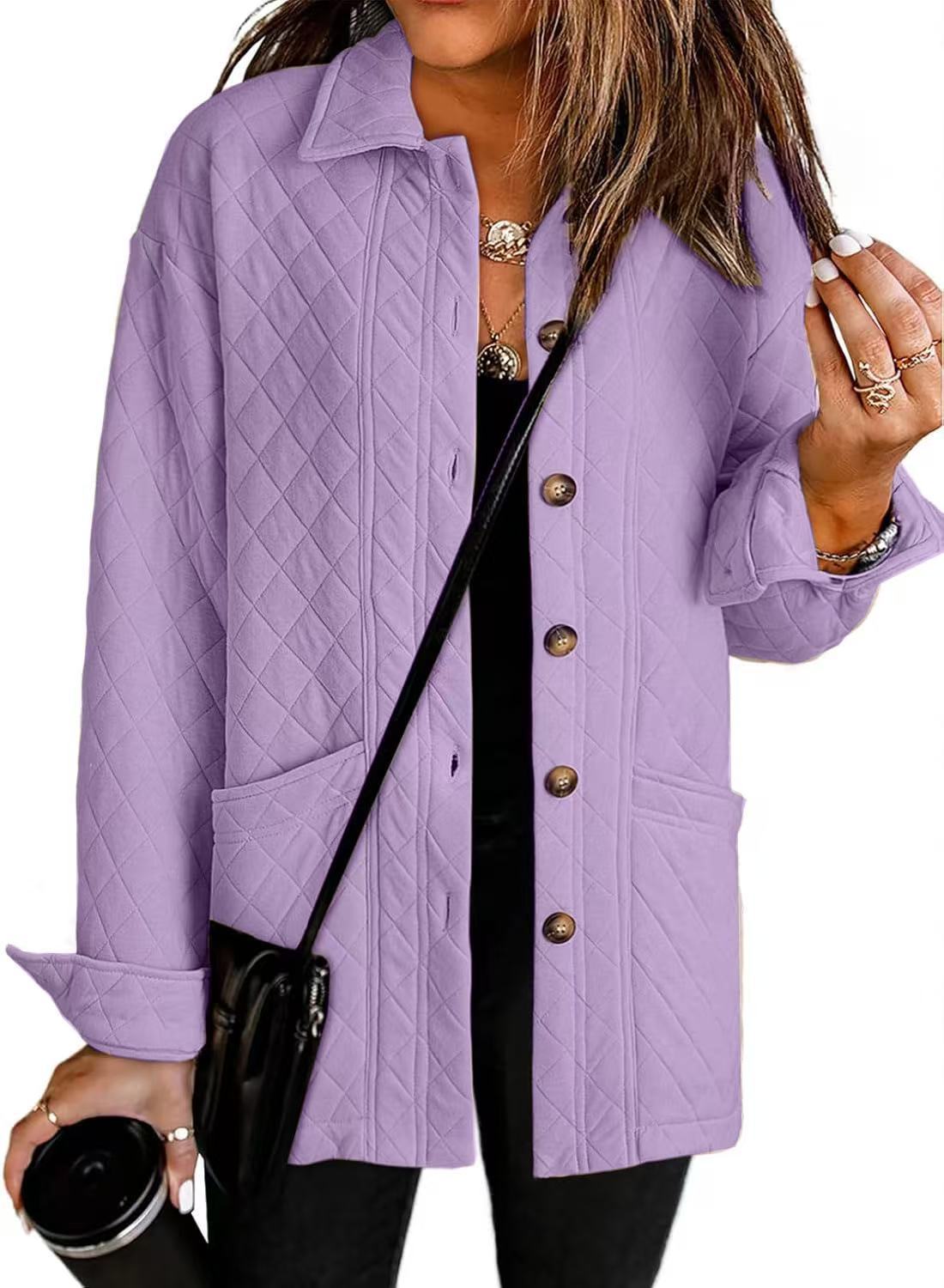 Women's Casual Quilted Jacket Button Long Sleeve Shirt With Pocket Coat