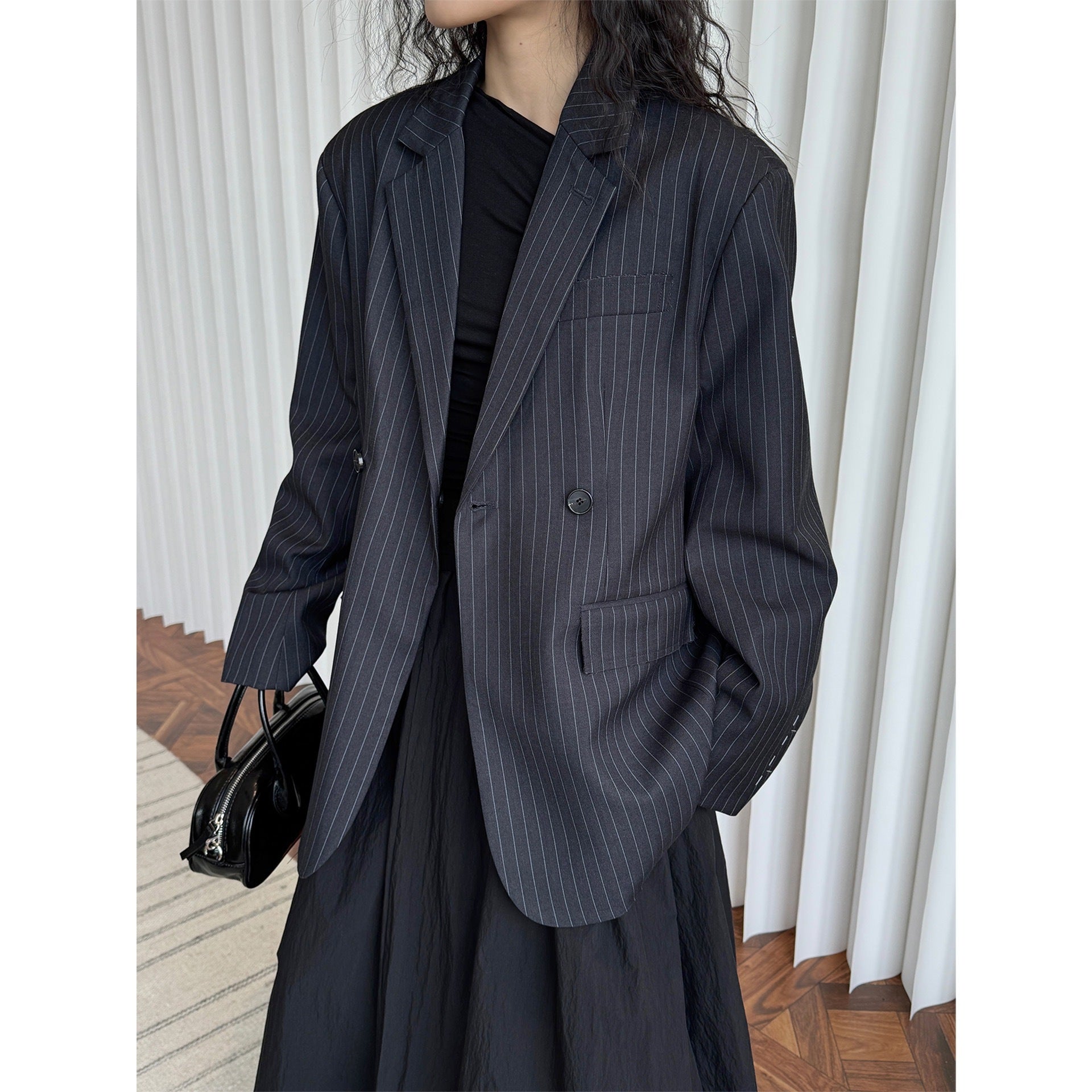 Design Lapel Wide Shoulder Striped Suit Casual Temperament Slimming Coat