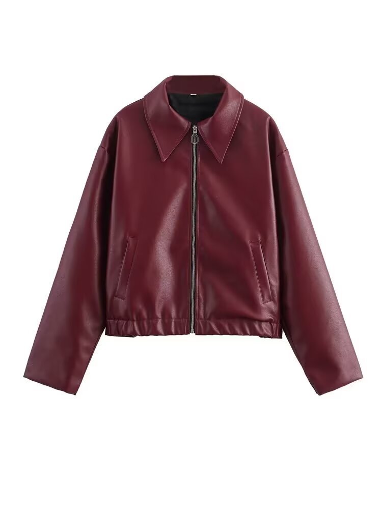 Women's Lapel Long Sleeve Leather Coat