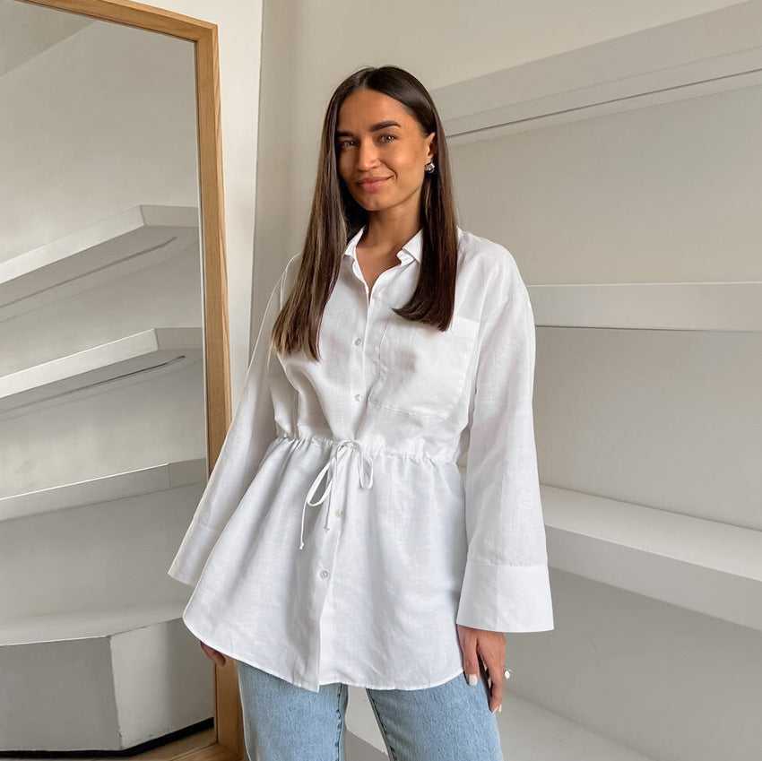 Women's Simple White Cotton And Linen Loose Lapels Shirt