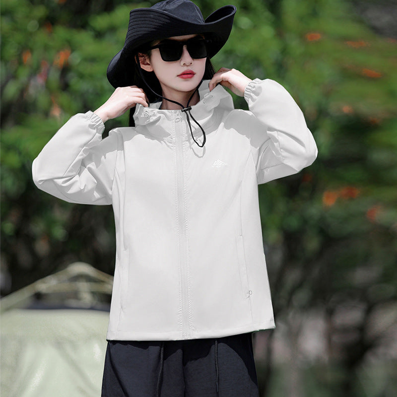 Women's New Style All-match Solid Color Hooded Jacket Mountaineering Coat Breathable Sports Jacket