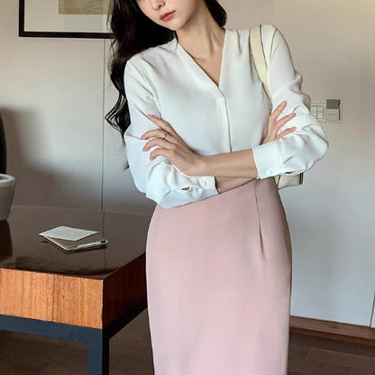 V-neck Long Sleeve Loose Korean Style Summer Business Chiffon Blouse Women