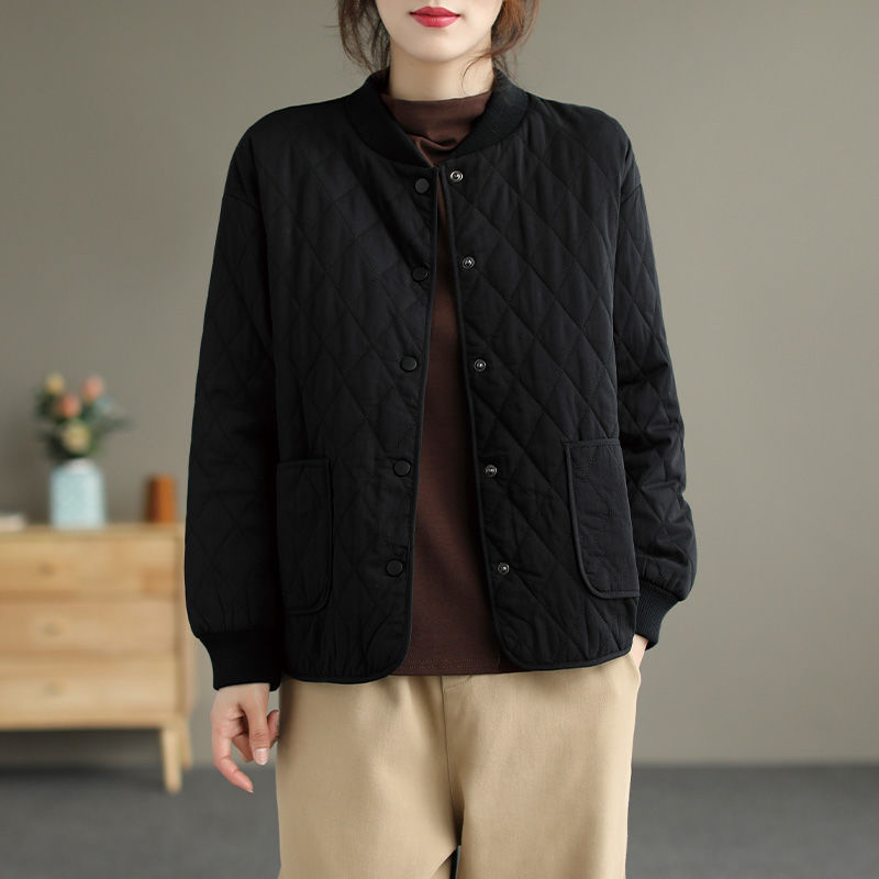 Baseball Collar Diamond Quilted Cotton Coat Loose Casual Cotton Jacket Tops For Women