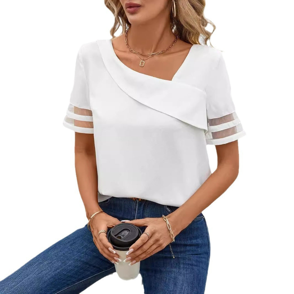 Summer Casual Simple Mesh Stitching Short Sleeve Women
