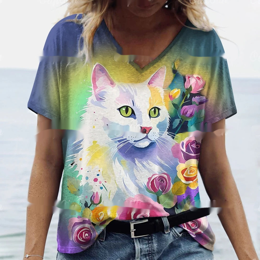Women's Summer Cat Print Casual Short Sleeve