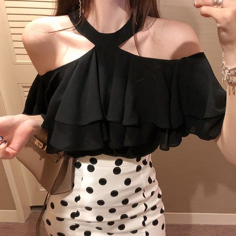 Summer New Elegant Halter Off-shoulder Ruffled Off-the-shoulder Top