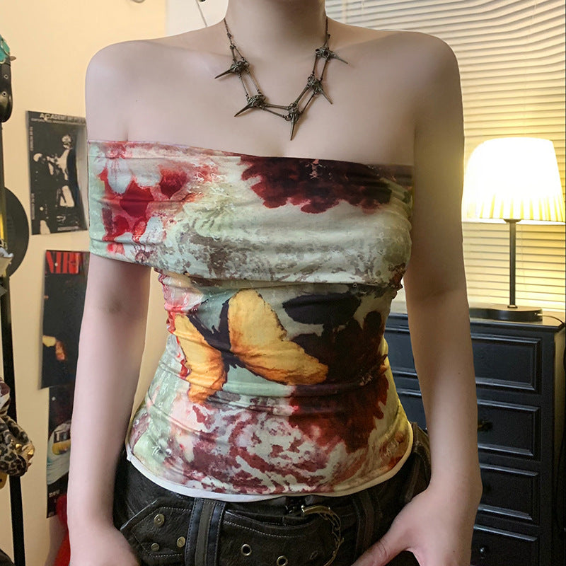 Fashion Sexy Slim Retro Floral Contrast Color Off-neck Short Sleeve T-shirt