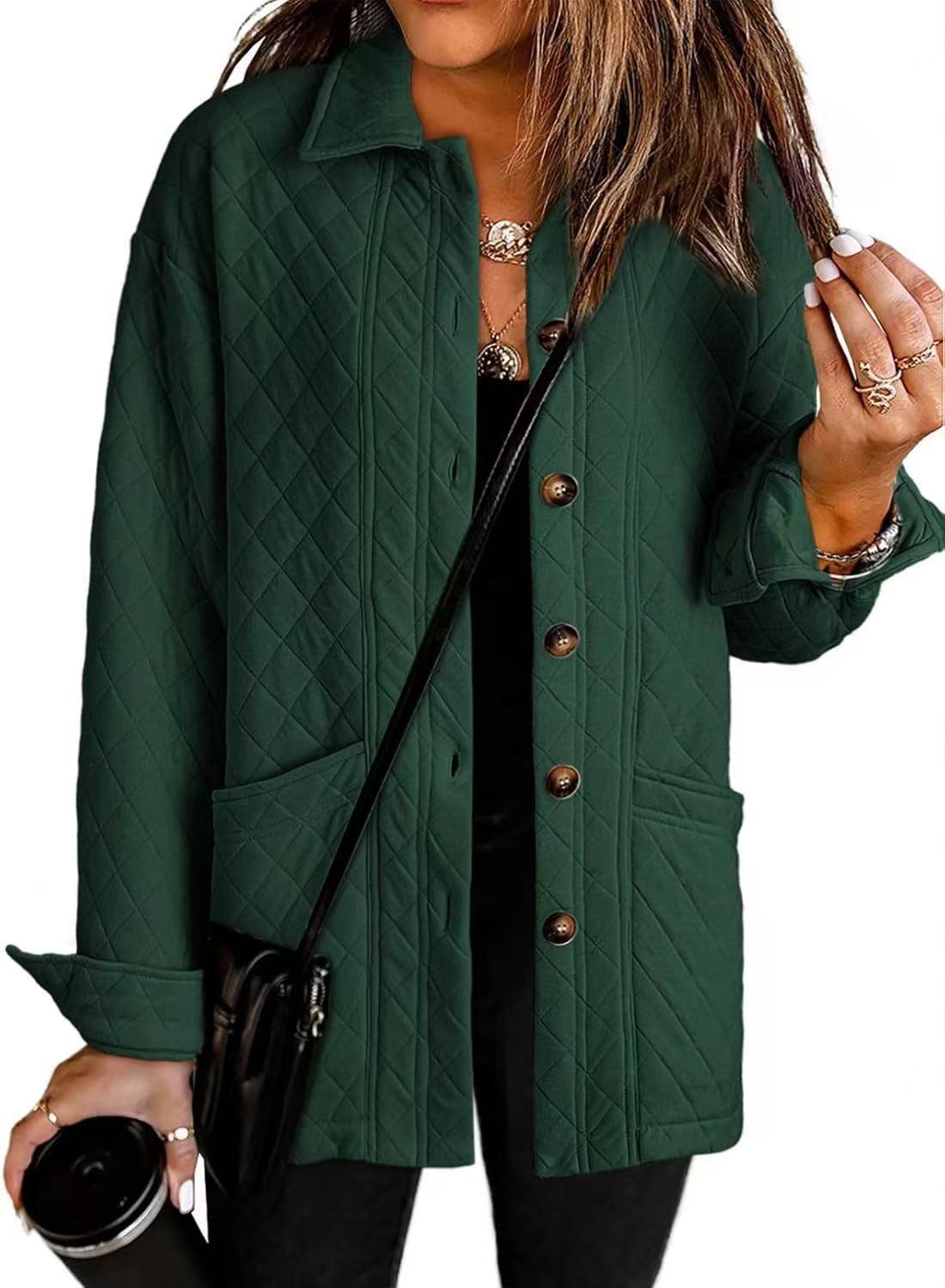 Women's Casual Quilted Jacket Button Long Sleeve Shirt With Pocket Coat