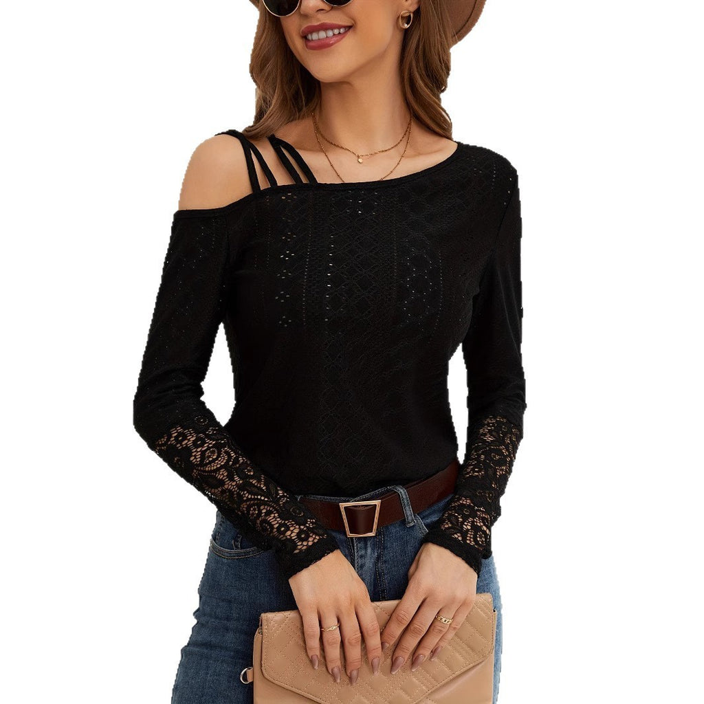 European And American Asymmetric Cross Off-shoulder Design Lace Stitching Coat