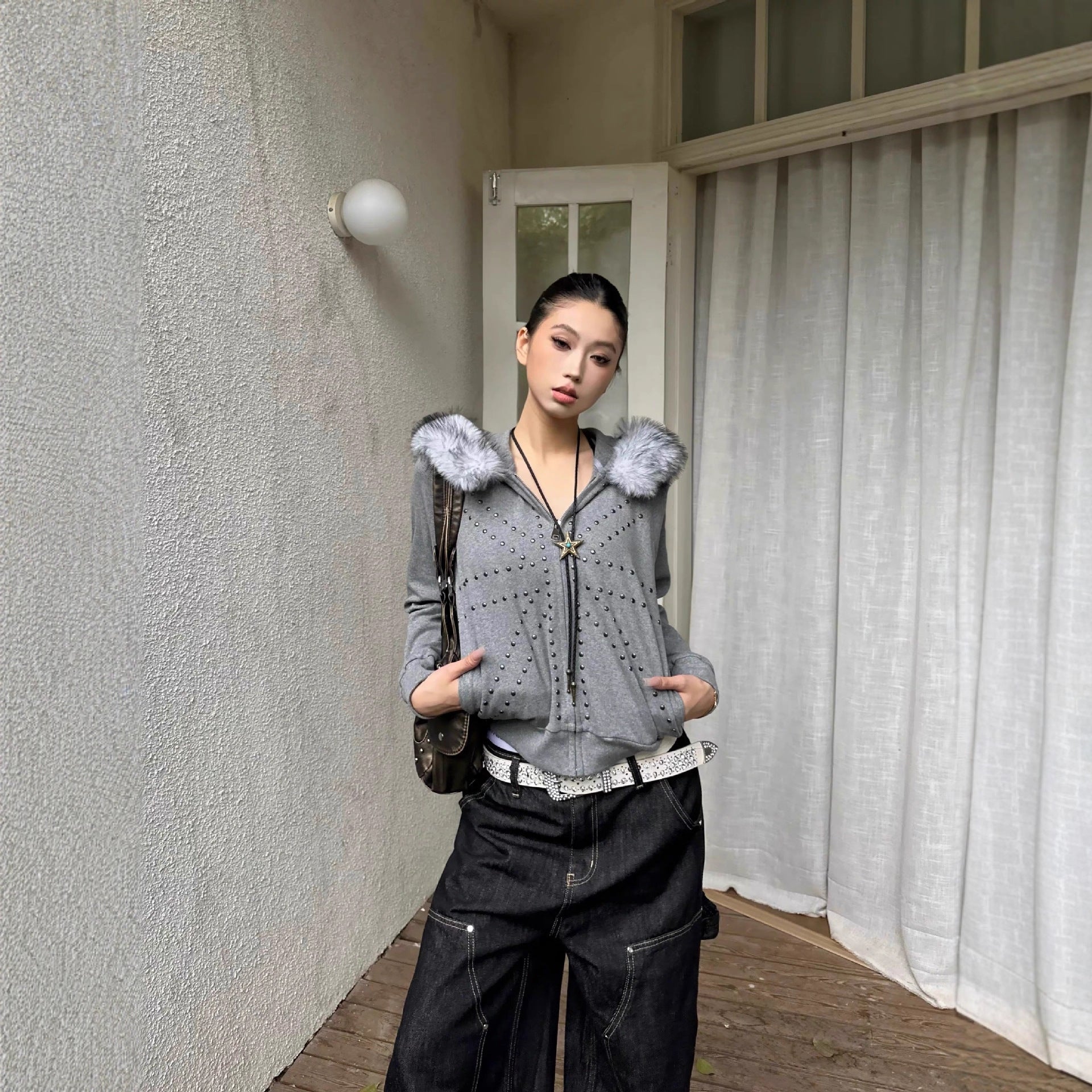 Women's Casual Loose Retro M Fur Collar Hood Bathroom Coat