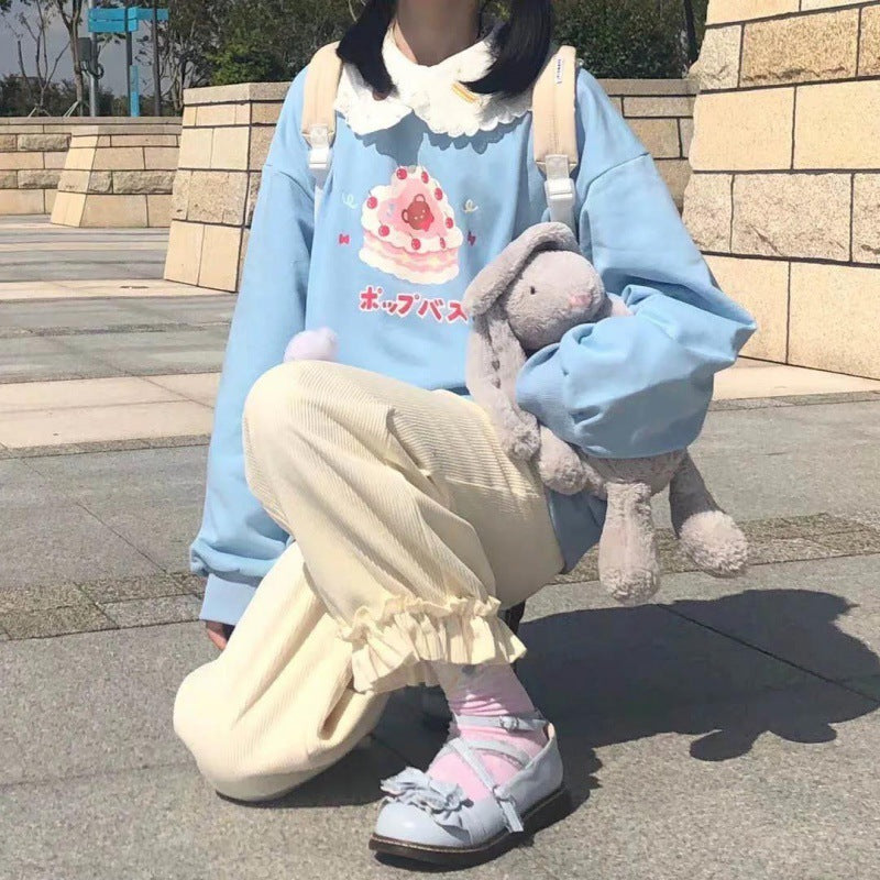 Autumn And Winter Set Female Student Korean Style Loose Cake Flowers Brushed Hoody Casual Bloomers Two Amazon