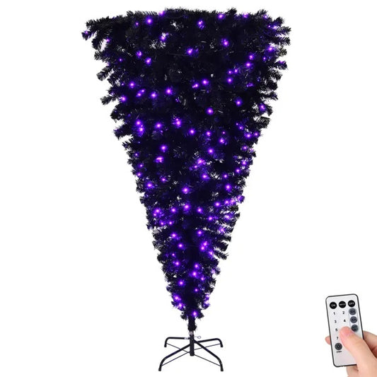 6 FT Pre-lit Upside Down Artificial Christmas Tree, Black Halloween Tree With 250 Purple Lights And Pumpkin & Skull Ornaments