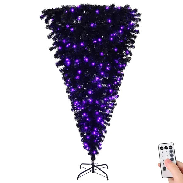 6 FT Pre-lit Upside Down Artificial Christmas Tree, Black Halloween Tree With 250 Purple Lights And Pumpkin & Skull Ornaments