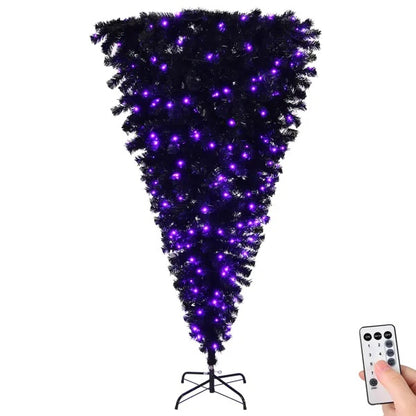 6 FT Pre-lit Upside Down Artificial Christmas Tree, Black Halloween Tree With 250 Purple Lights And Pumpkin & Skull Ornaments