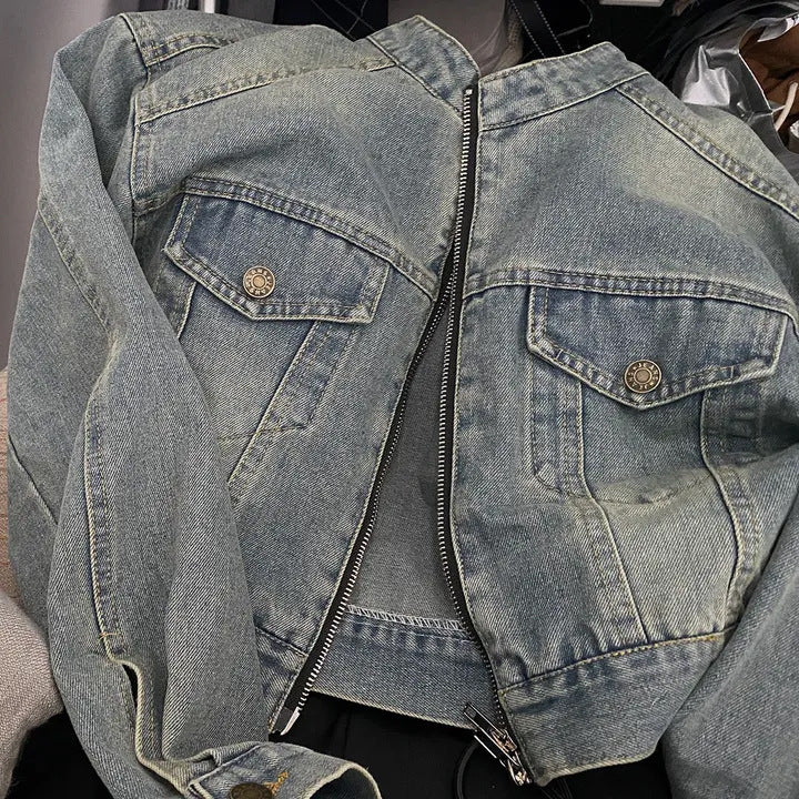 Stand Collar Double Pocket Design Loose All-matching Short Long Sleeve Denim Coat