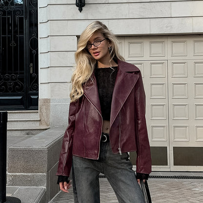 Wine Red Faux Leather Suit Collar Long Sleeve Jacket