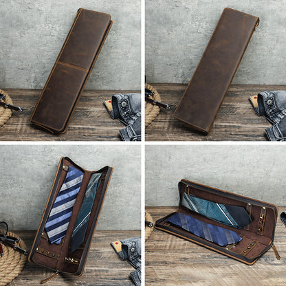 Vintage Crazy Horse Leather Men's Tie Storage Box