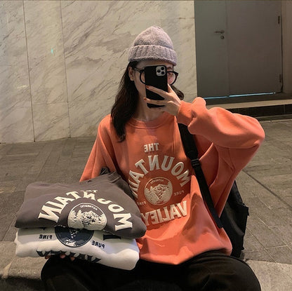 Loose Long Sleeve Letter Puff Print Brushed Hoody