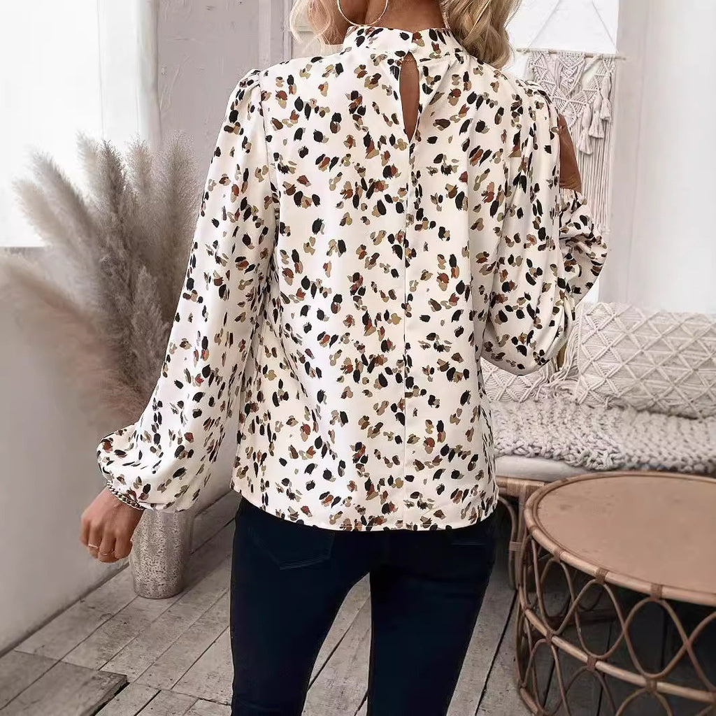 Printed Stand Collar All-matching Long Sleeve Top Women