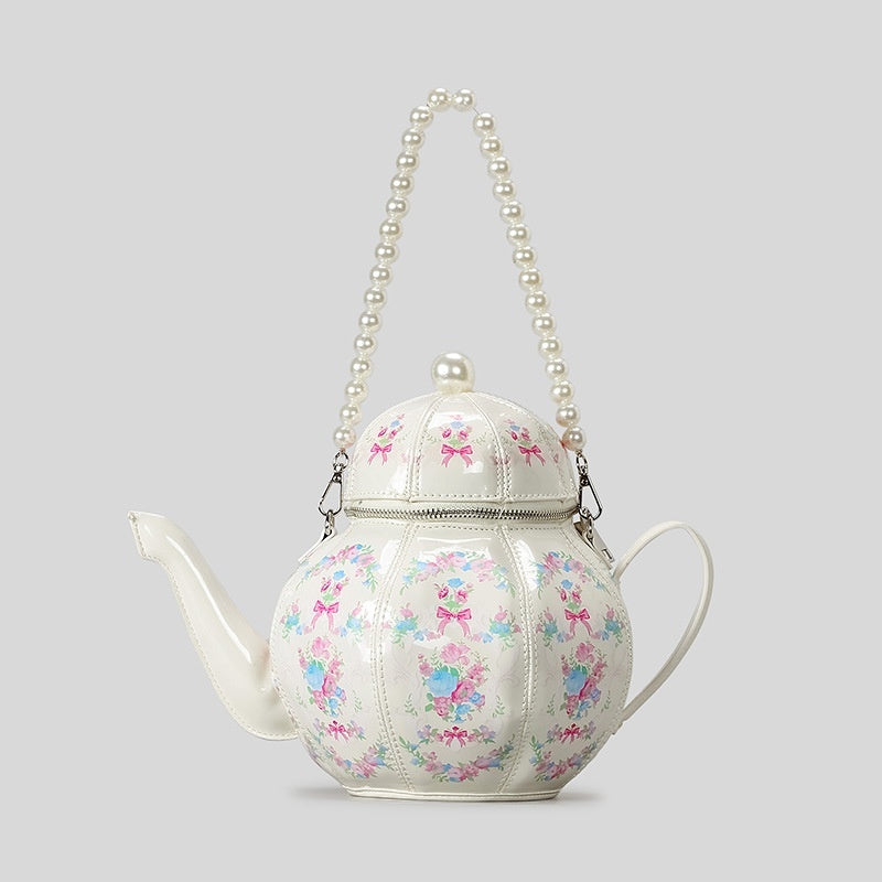 Sweet Girl Vintage Pearl Chain Printing Teapot Handbag