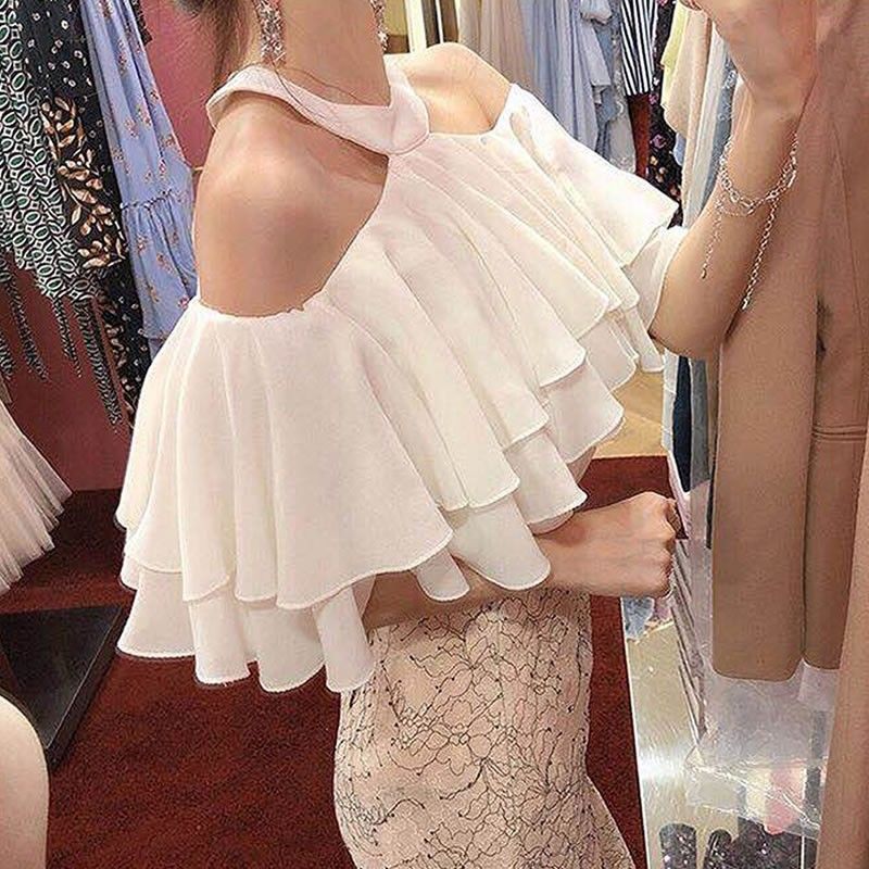 Summer New Elegant Halter Off-shoulder Ruffled Off-the-shoulder Top