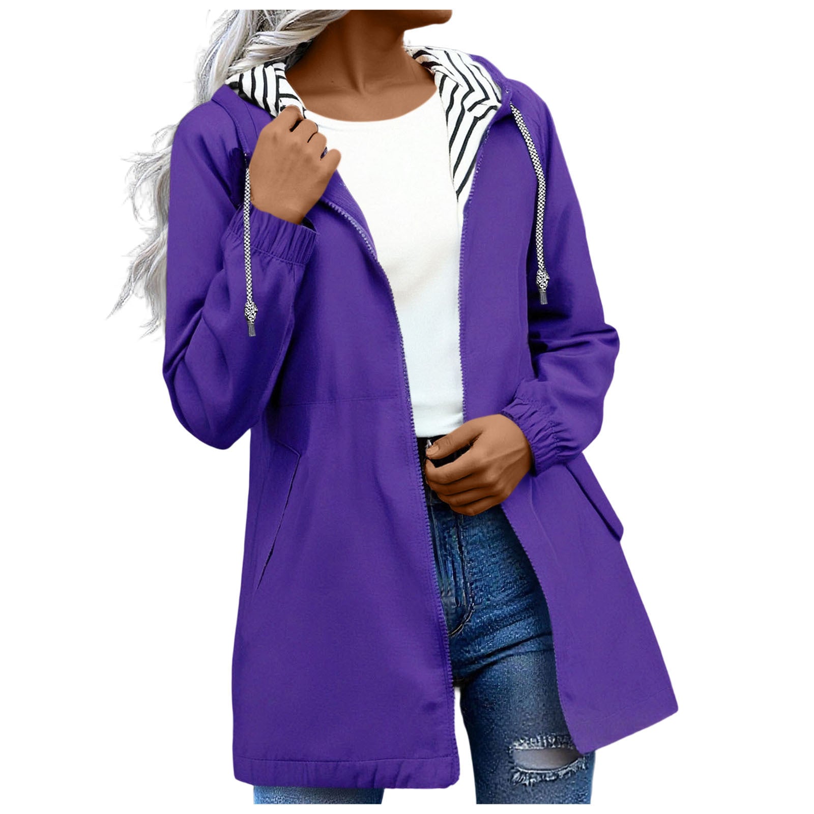 Long-sleeved Splash-proof Long Windbreaker For Women With Hooded Raincoat, Large Size, Striped Lining