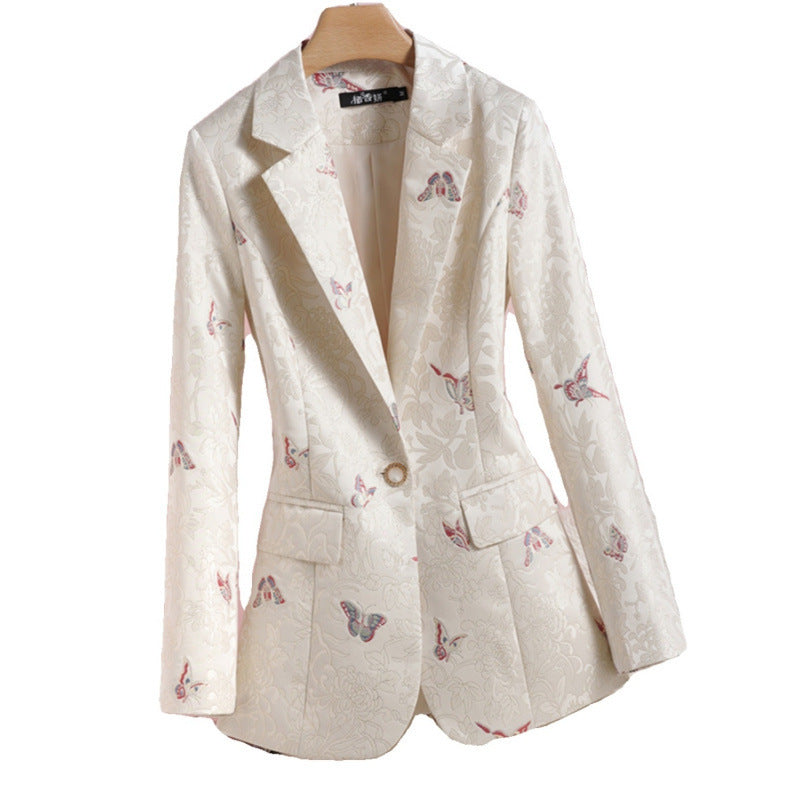 Women's Apricot Waist-tight Design National Style Printed Suit Jacket