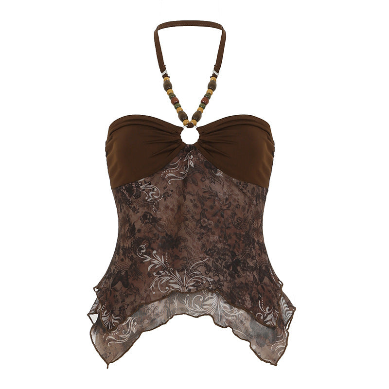 Retro Style Beaded Halter Spaghetti Straps Irregular Hem Mesh Stitching Vest