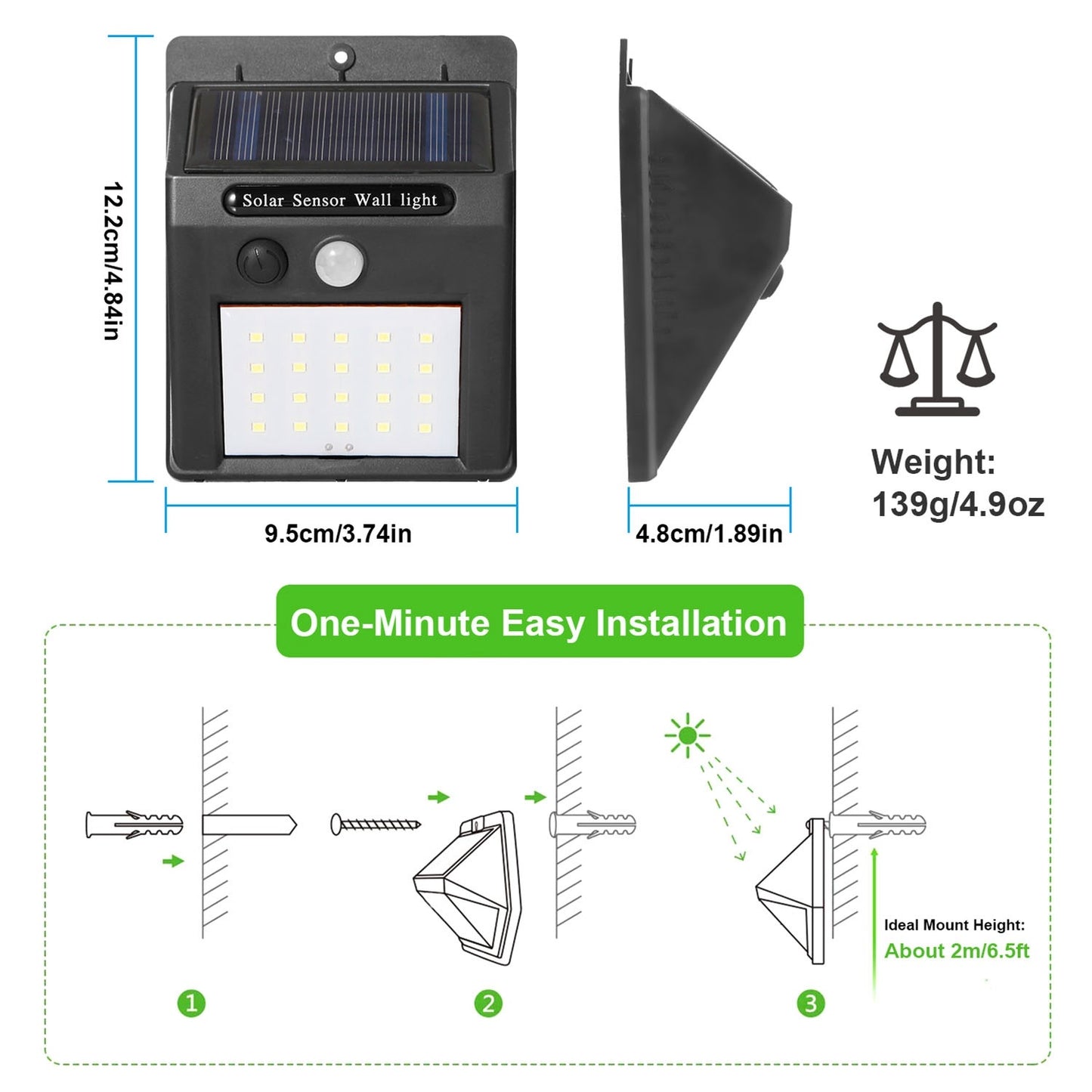 1Pc Solar Light 20 LEDs Outdoor PIR Motion Sensor Lights IP65 Waterproof 120 Degree Sensing Wide Angle Lighting For Garage Front Door Garden Pathway