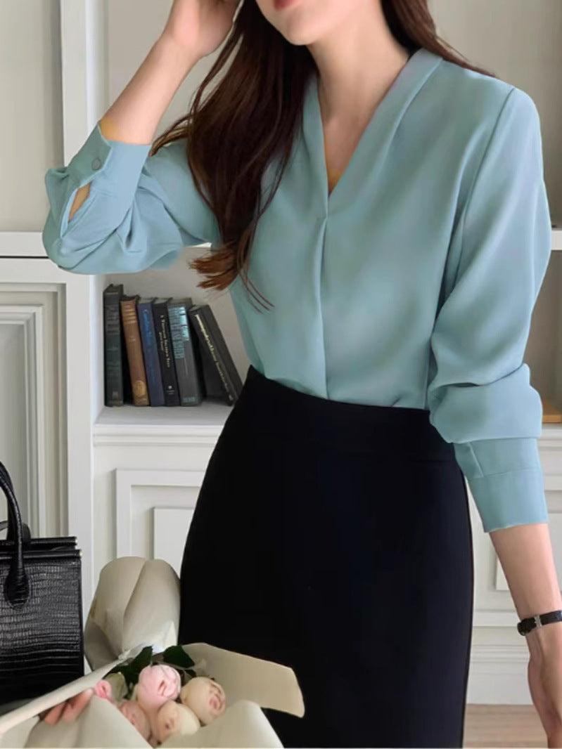 V-neck Long Sleeve Loose Korean Style Summer Business Chiffon Blouse Women