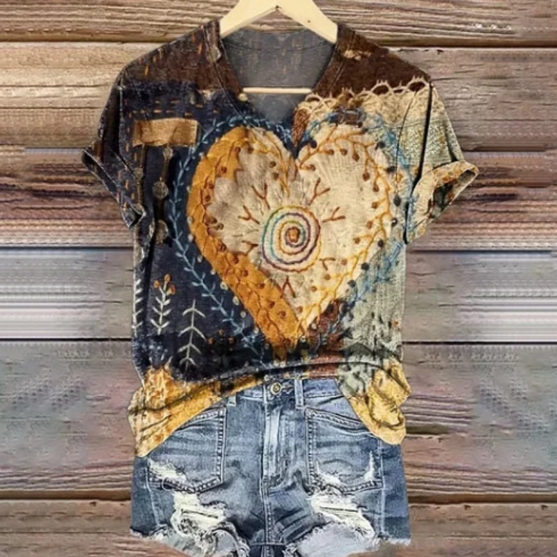 Women's Boho Style Heart Print V-Neck T-Shirt