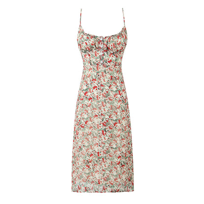 Printed Sling Slim Fit Backless Mid-length Dress