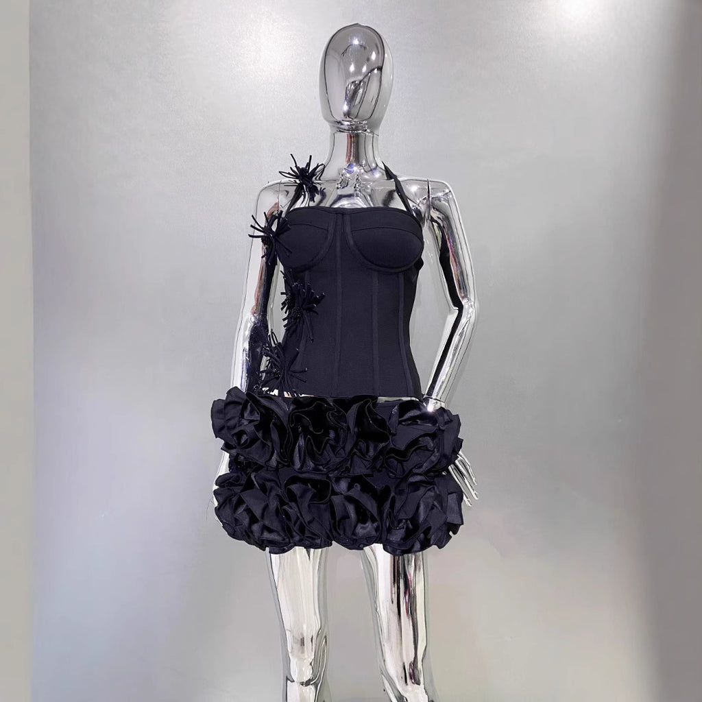 Bandage Vest Flower Evening Dress Two-piece Suit