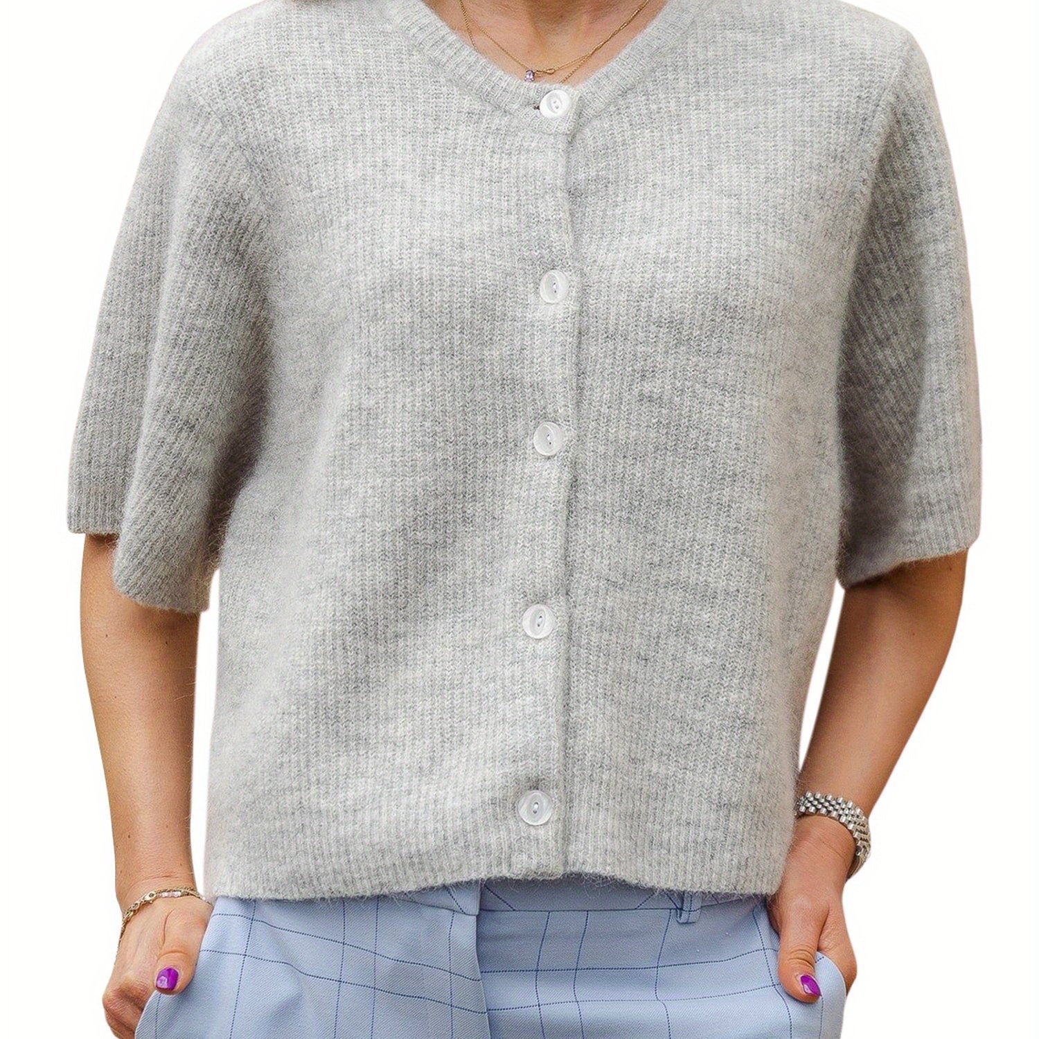 Women's Solid Color Short-sleeved Cardigan Round Neck Button