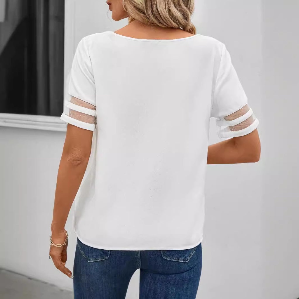 Summer Casual Simple Mesh Stitching Short Sleeve Women