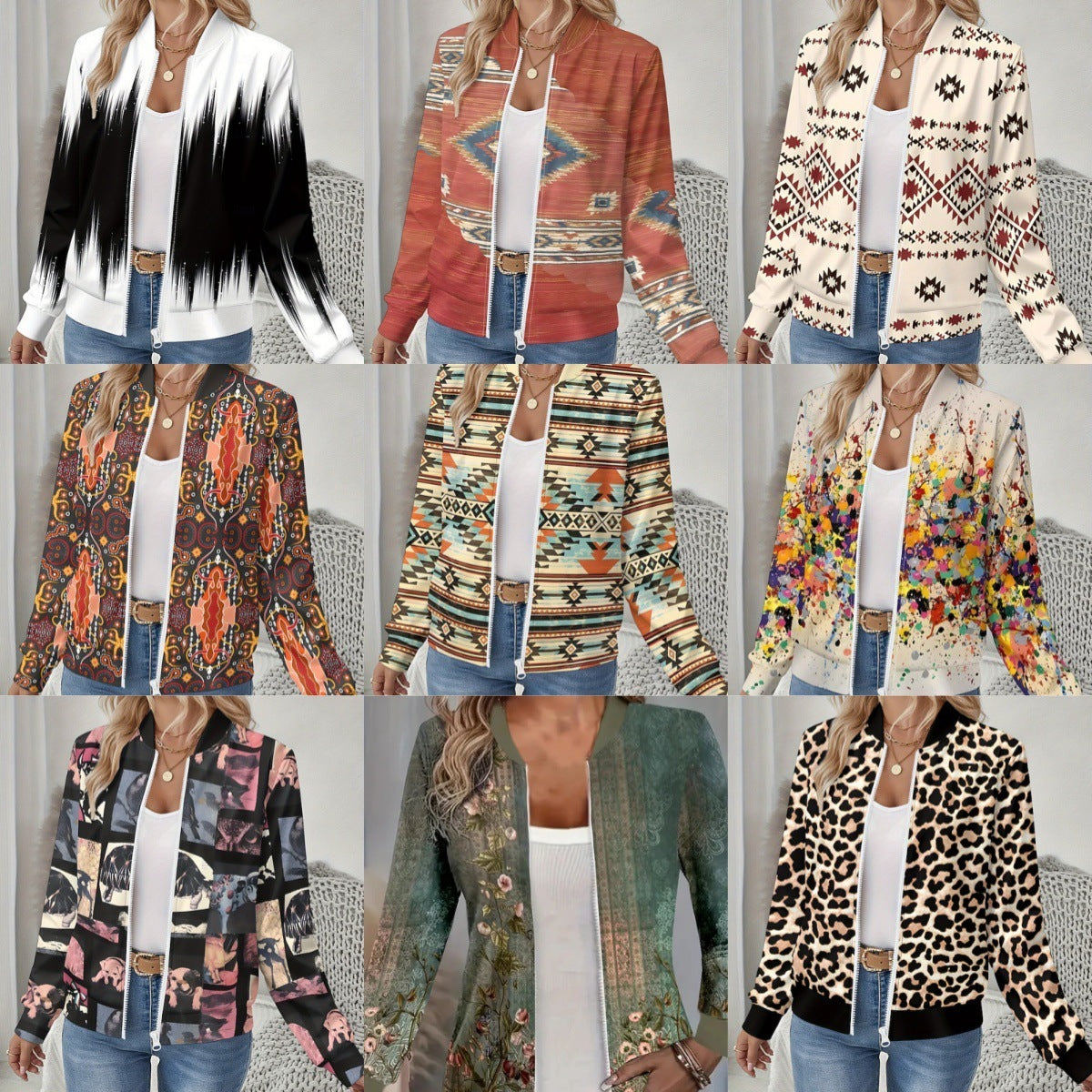 Autumn Printed Cardigan Women's Casual Baseball Jacket
