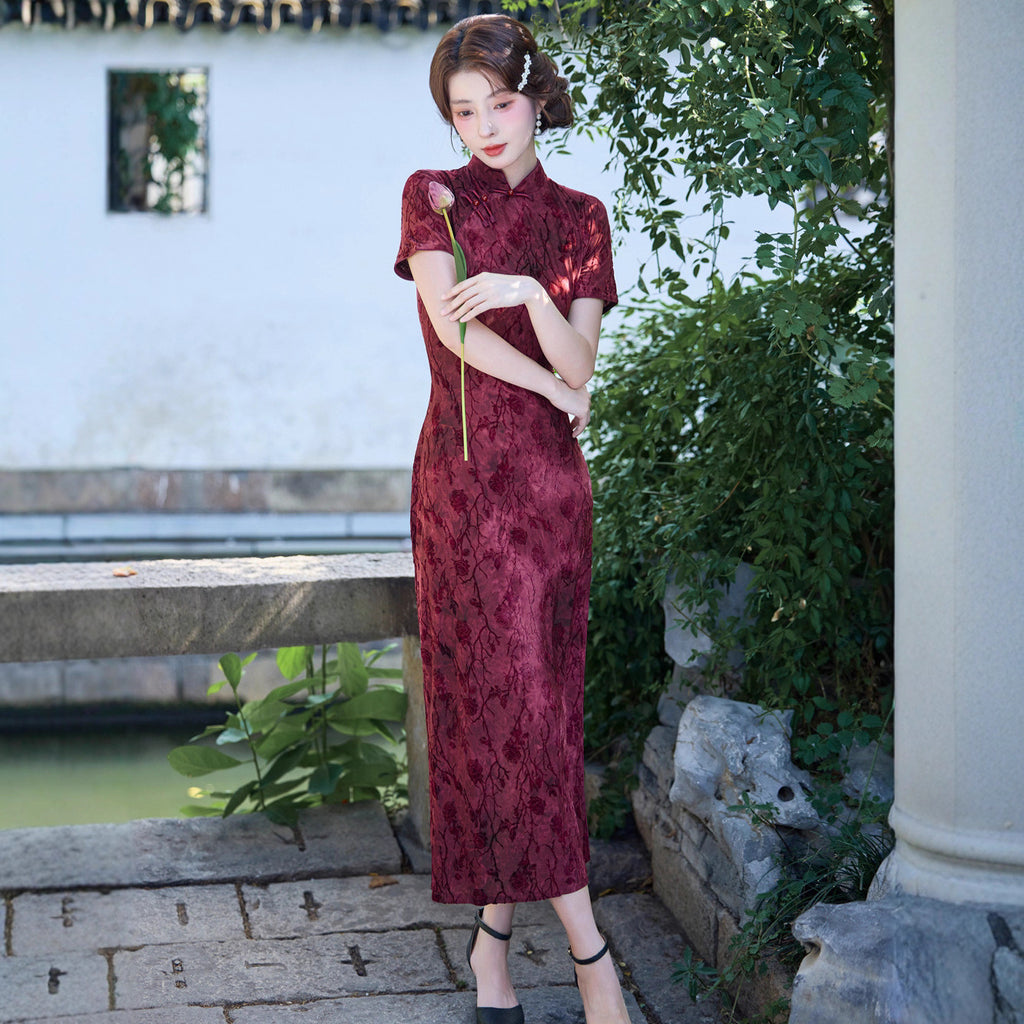Wearable Flocking Red Small Flower Mid-length Cheongsam Women's Short Sleeve Retro