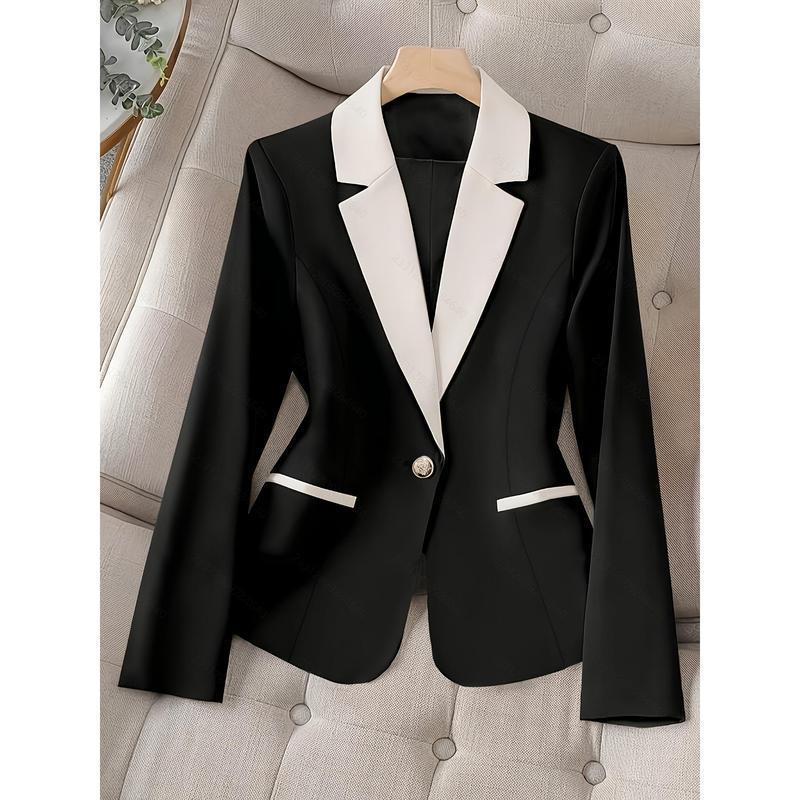 Women's Black And White Contrast Lapel Single Button Suit Top