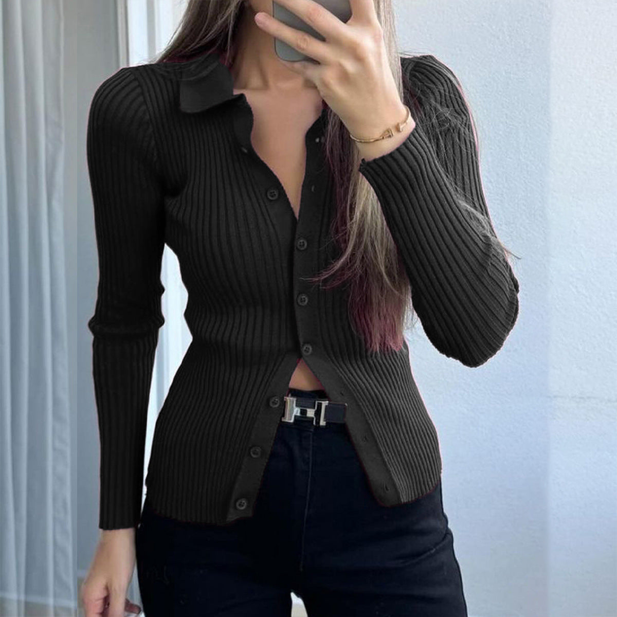 Casual Simple Solid Color Long-sleeved Shirt Woolen Women's Clothing