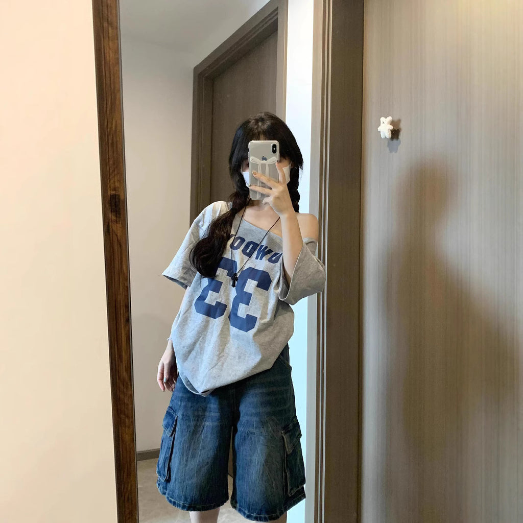 Pure Desire Sloping-shoulder Off The-shoulder Short Sleeve Loose And Simple Top