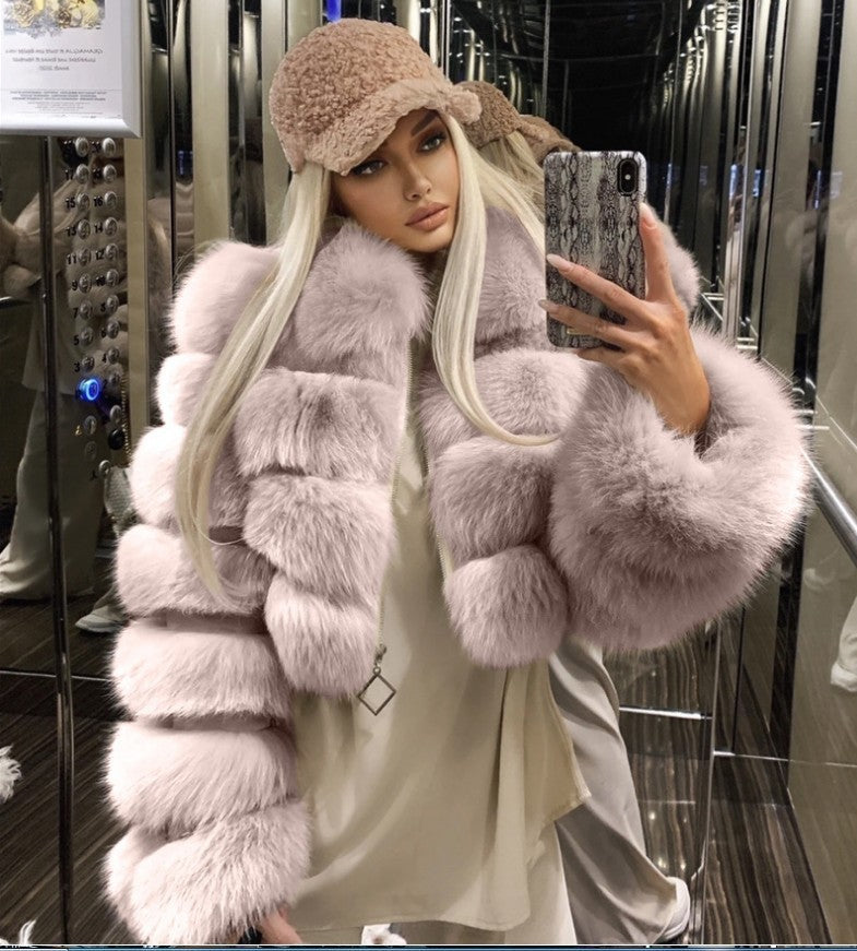 Women's Fur Coat Fox Fur Stitching Short Lapel Long Sleeve Coat